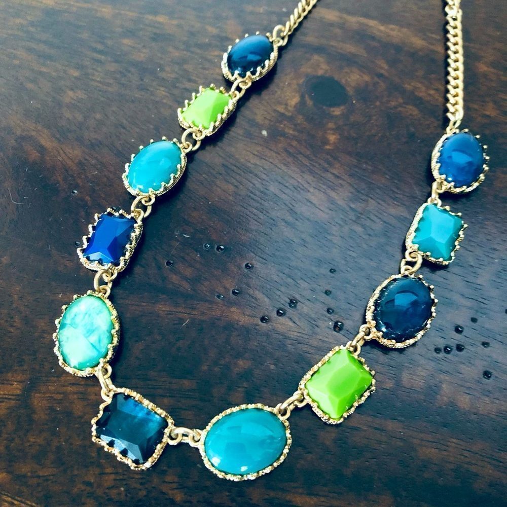 Jeweled Gold Chain Blue Green Necklace